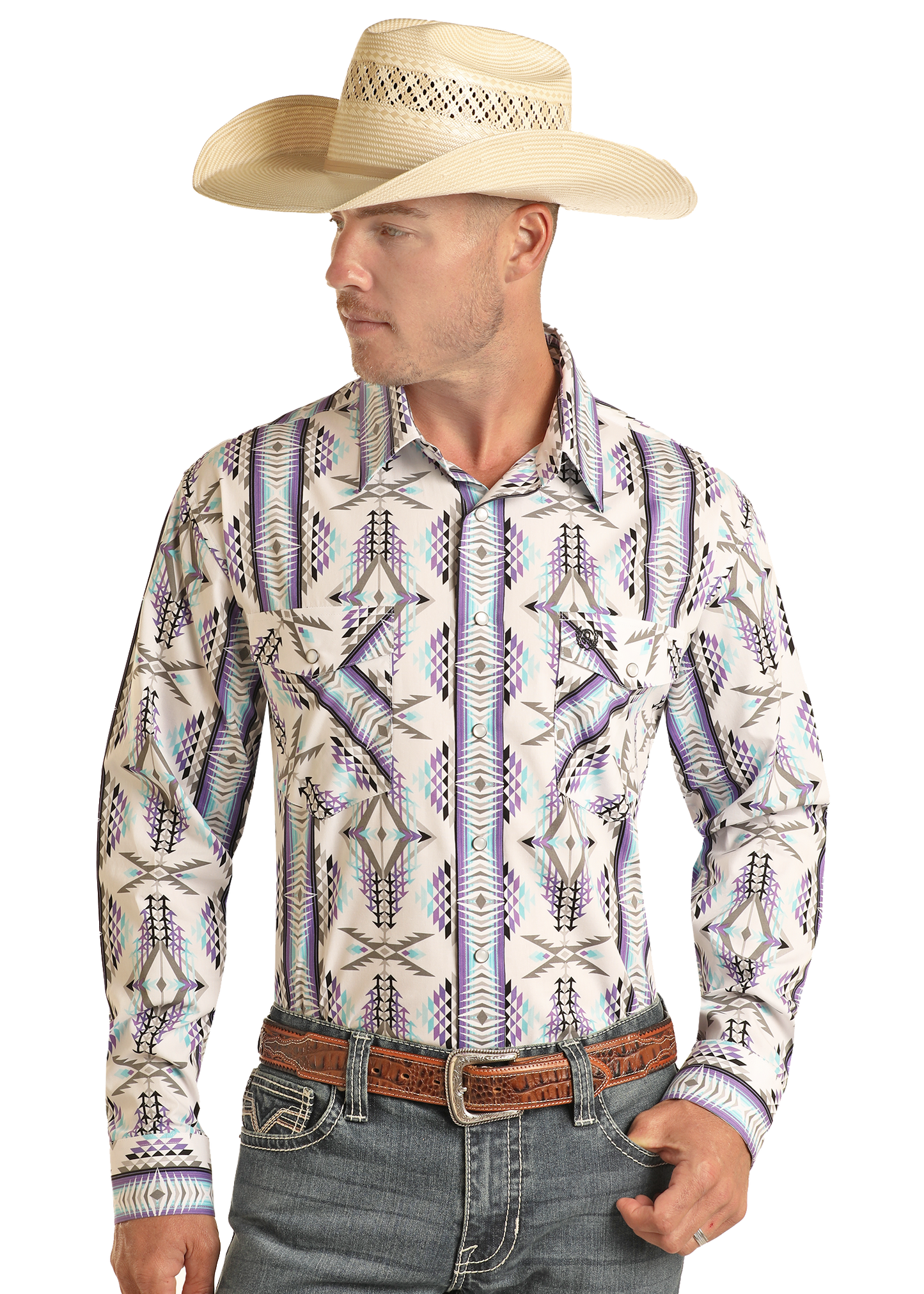 Man wearing a patterned western shirt with a cowboy hat on a white background