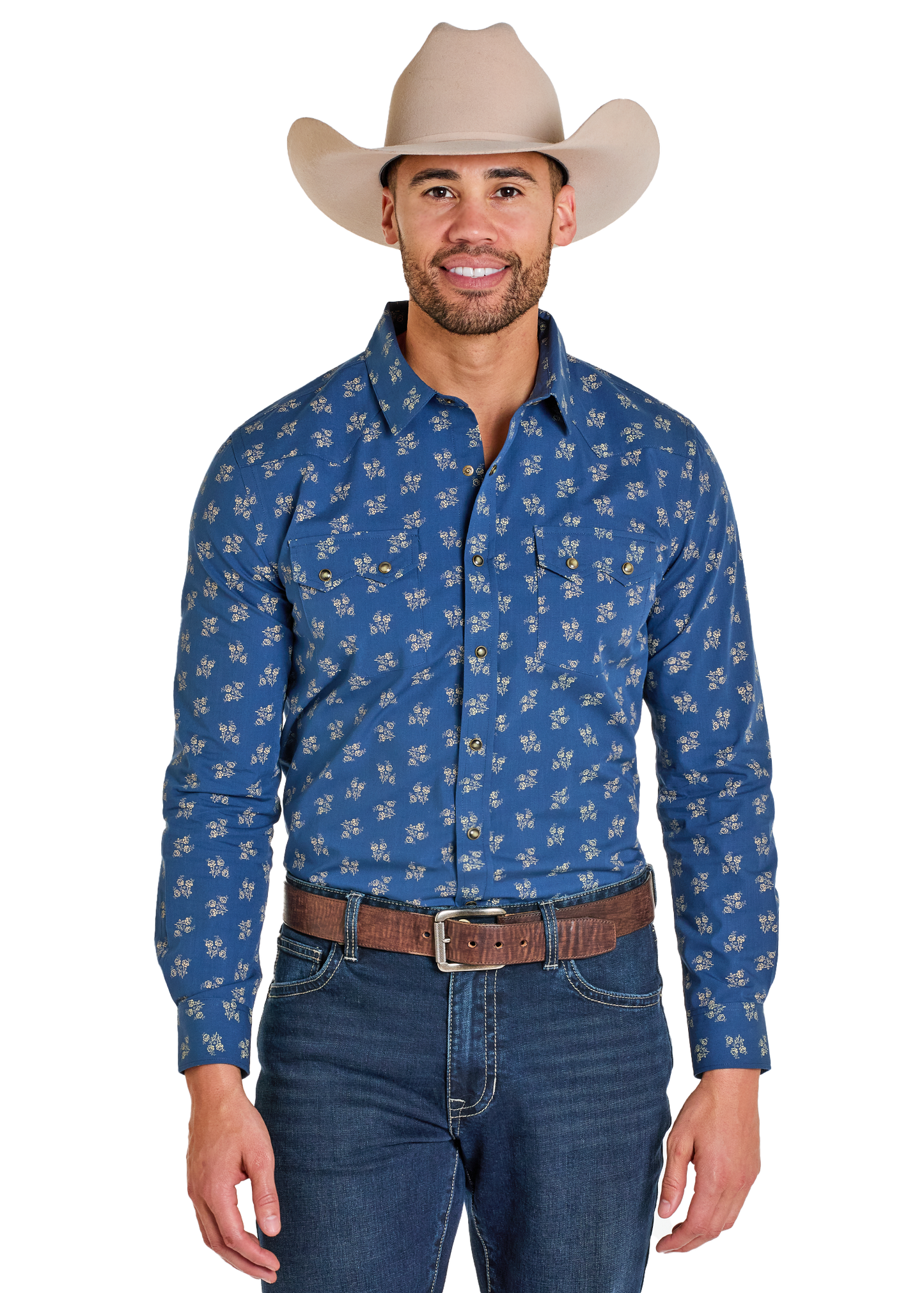 Man wearing a blue patterned shirt, jeans, and a beige cowboy hat on a white background