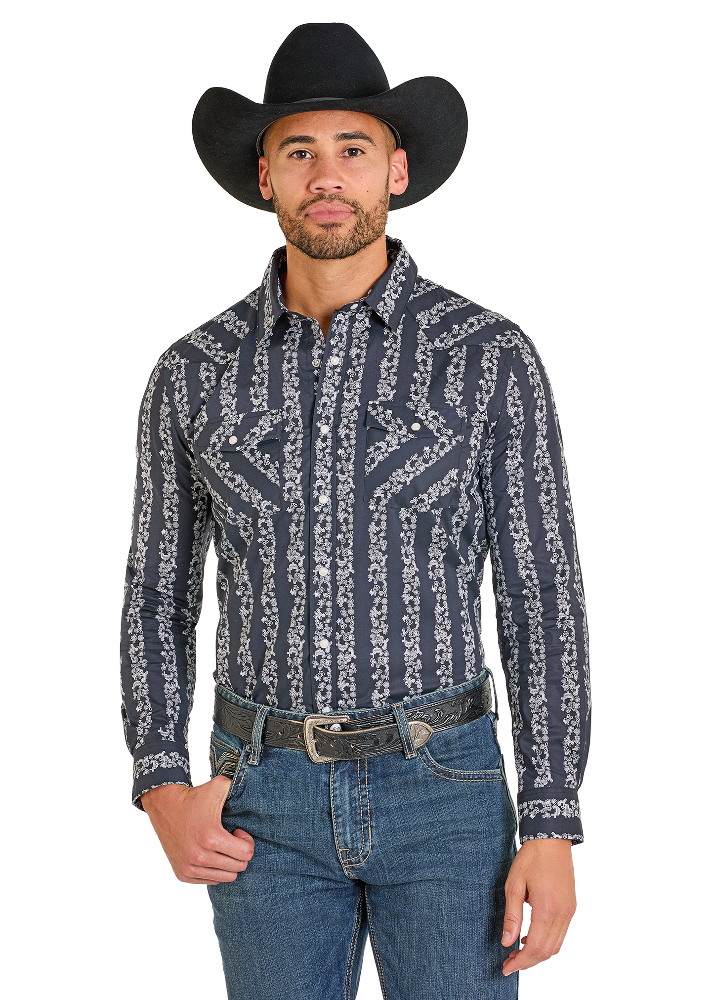 Man wearing a black cowboy hat, patterned shirt, and jeans on a white background