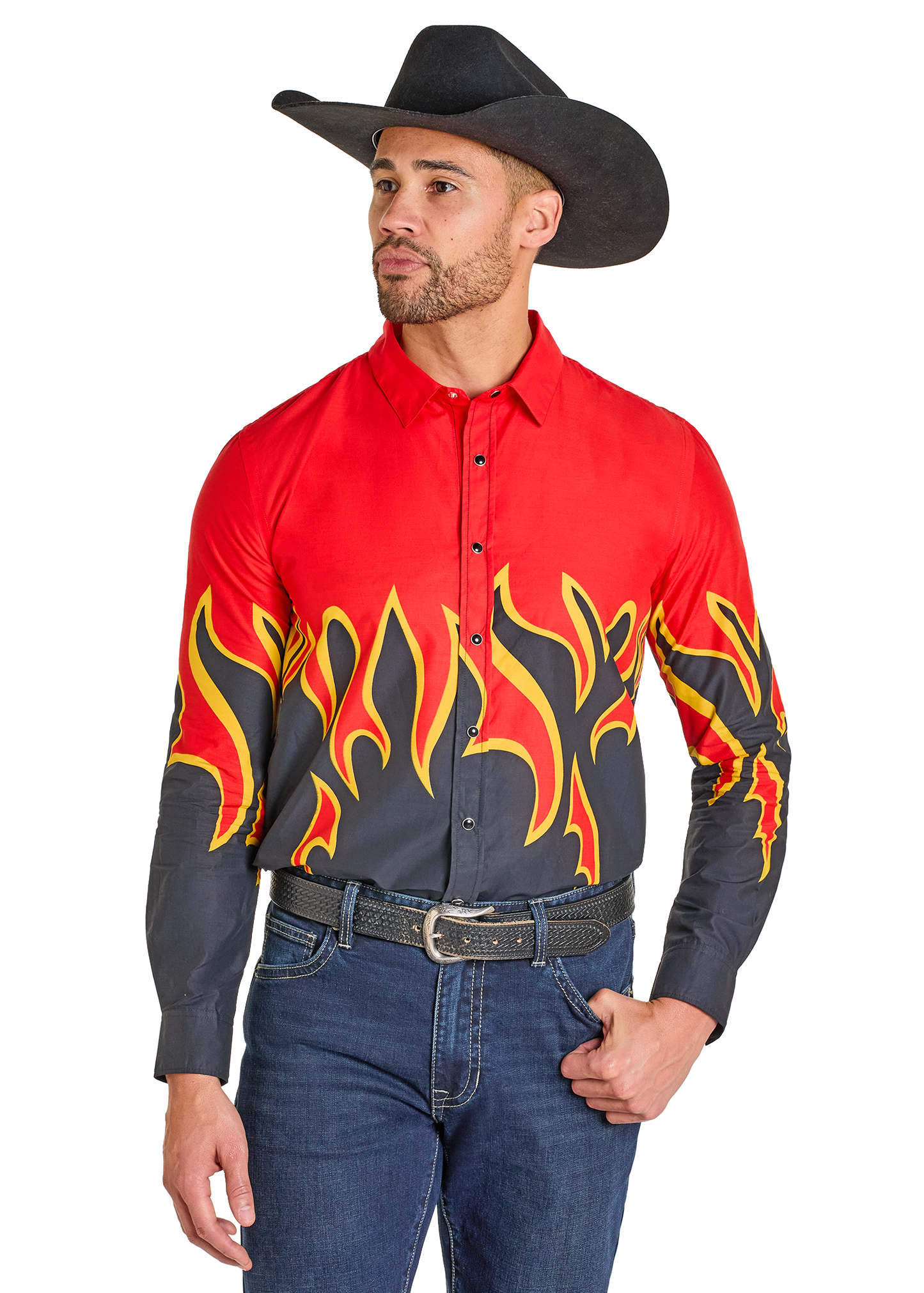 Man wearing a red and black flame-patterned shirt with blue jeans on a white background