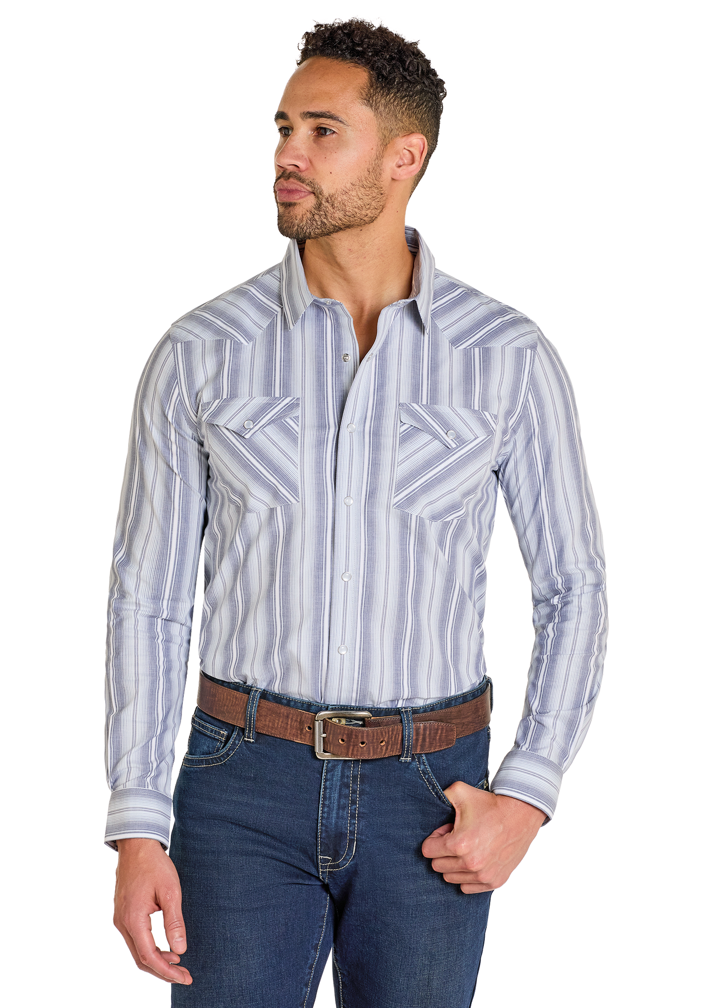 Man wearing a blue and white striped shirt with a brown belt on a white background