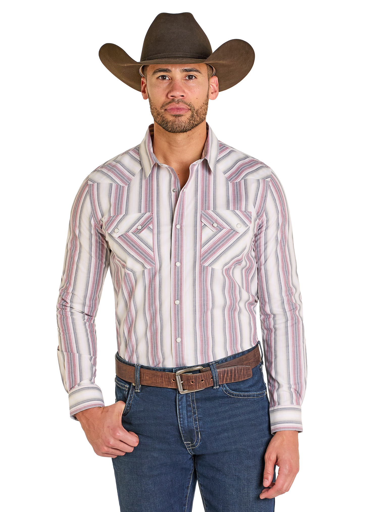Man wearing a striped shirt, jeans, and a cowboy hat on a white background