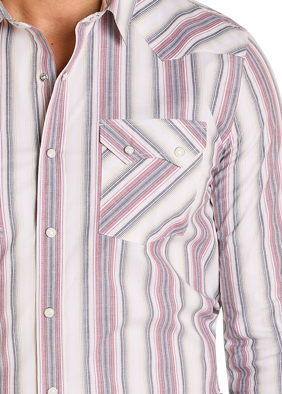 Man wearing a striped shirt, jeans, and a cowboy hat on a white background