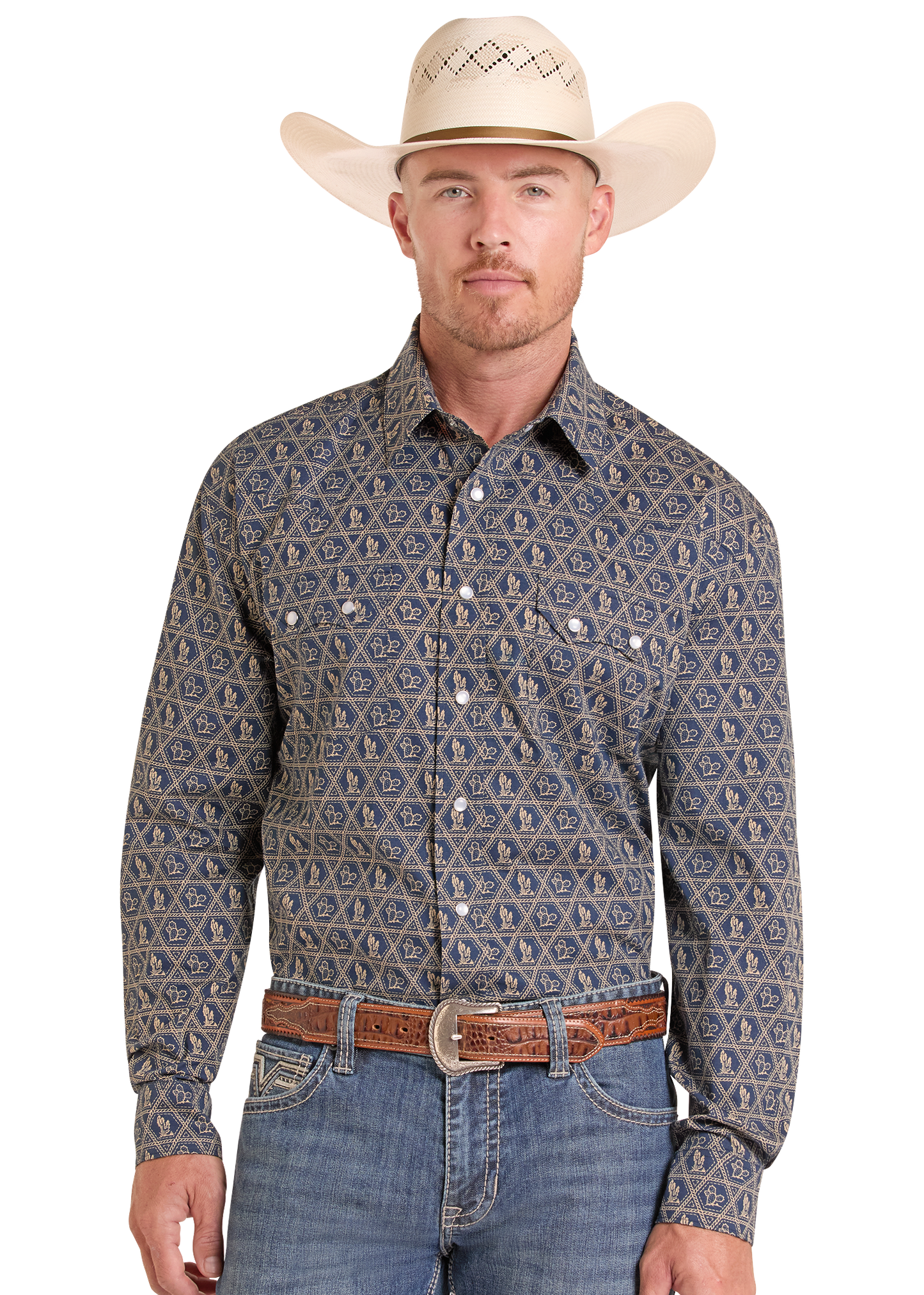 Man wearing a patterned long-sleeve shirt, jeans, and a cowboy hat on a white background