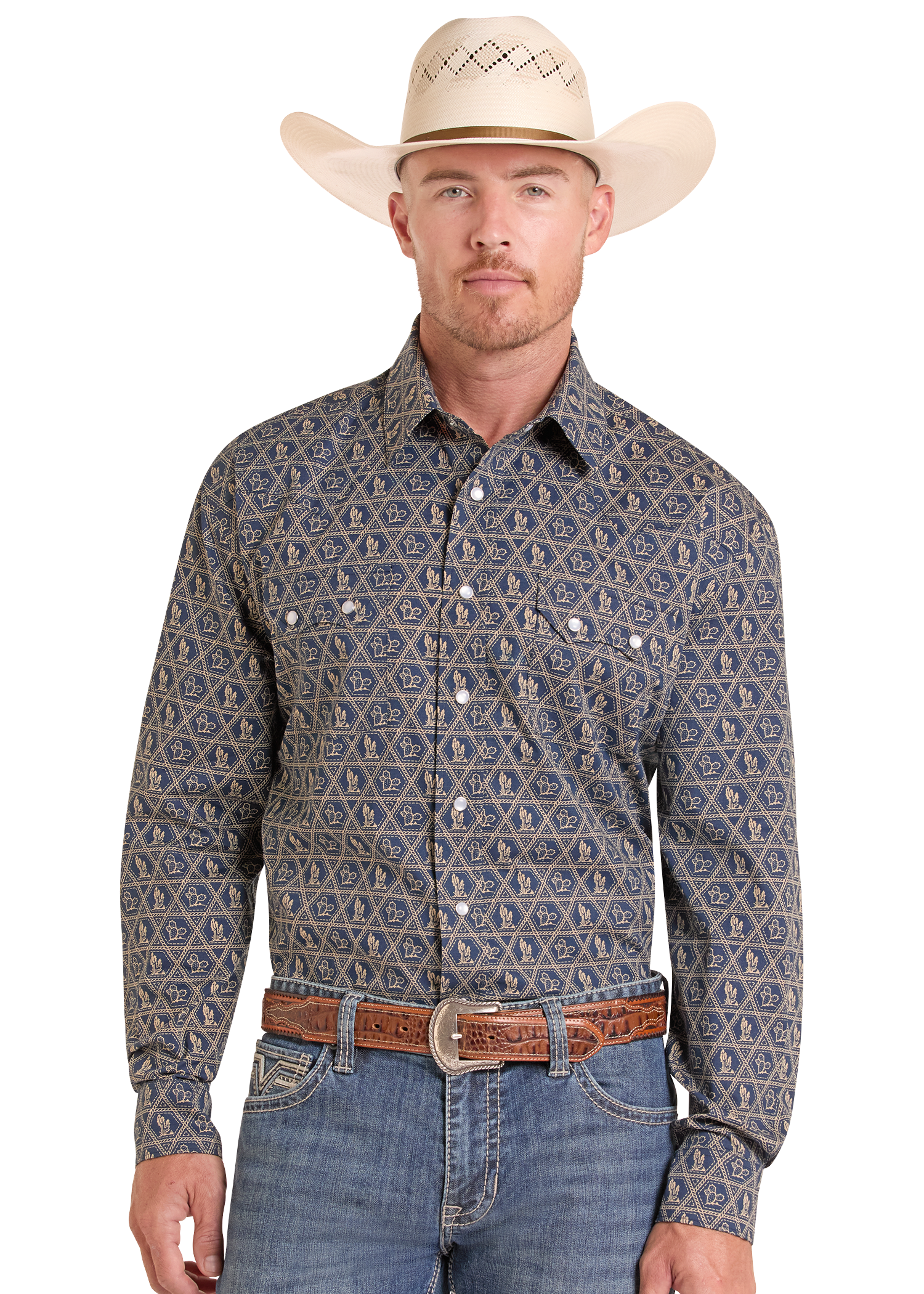 Man wearing a patterned long-sleeve shirt, jeans, and a cowboy hat on a white background