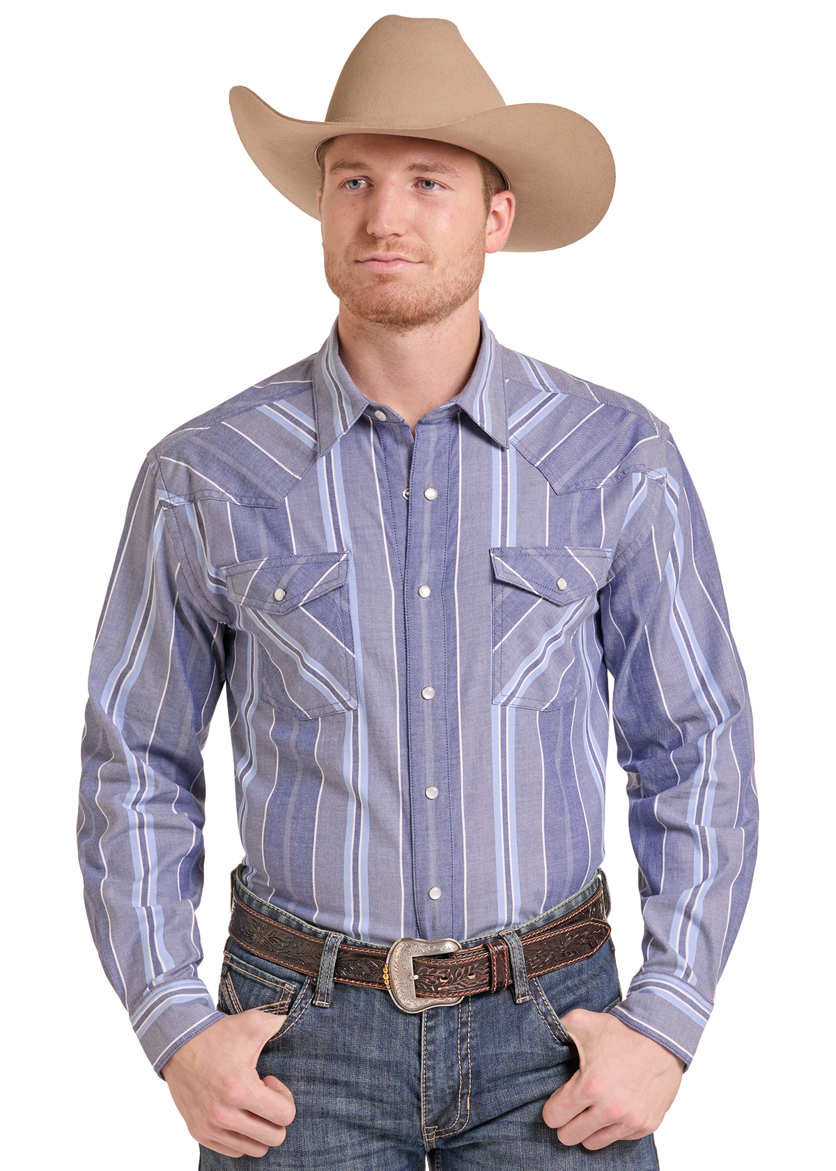 A man wearing a tan cowboy hat, a blue and white vertically striped western long-sleeve shirt, a brown leather belt, and blue jeans.