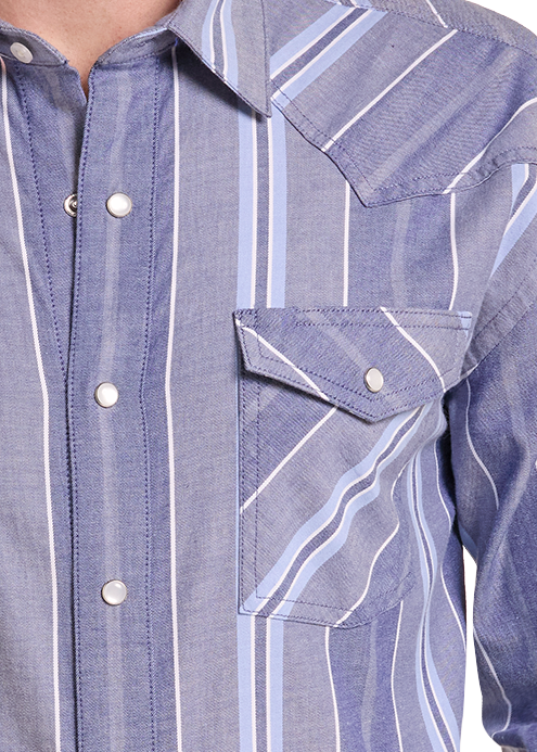 A blue and white vertically striped western shirt with a chest pocket
