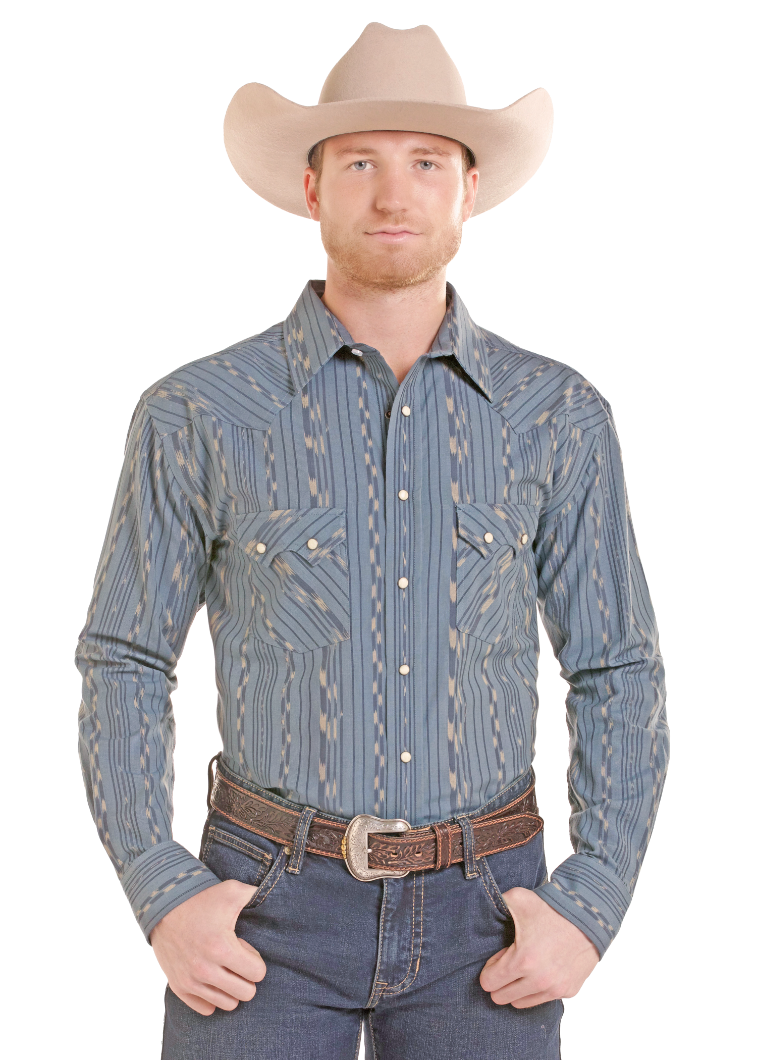 A man wearing a light beige cowboy hat, a blue and beige patterned western long-sleeve button-down shirt, and blue jeans with a brown leather belt, standing against a solid white background.