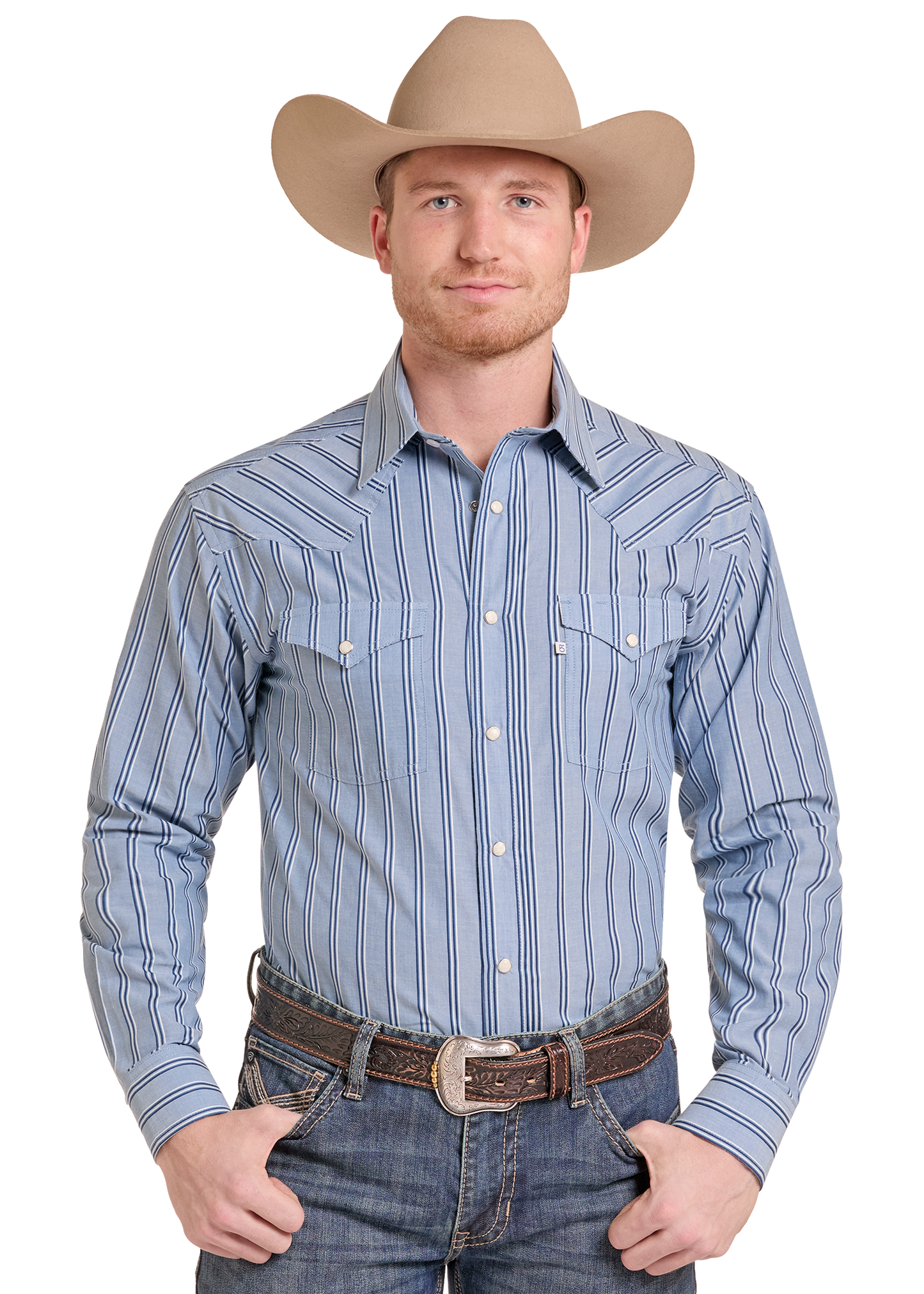 A man wearing a light blue and white vertically striped western long-sleeve shirt, a tan cowboy hat, and blue jeans.