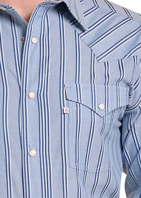A light blue and white vertically striped western long-sleeve shirt with pocket.