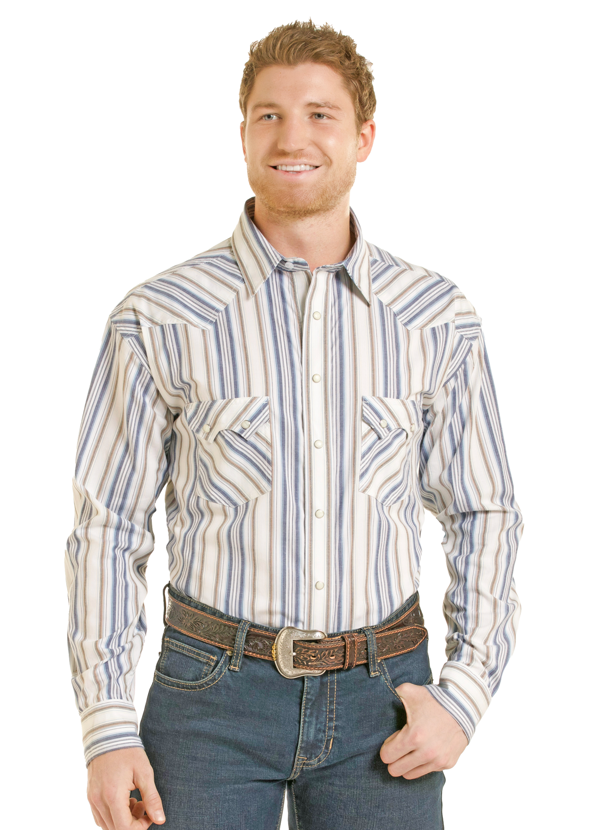 A smiling man wearing a long-sleeve western-style button-up shirt with vertical blue, gray, and white stripes, paired with blue jeans and a brown western belt, against a plain white background.