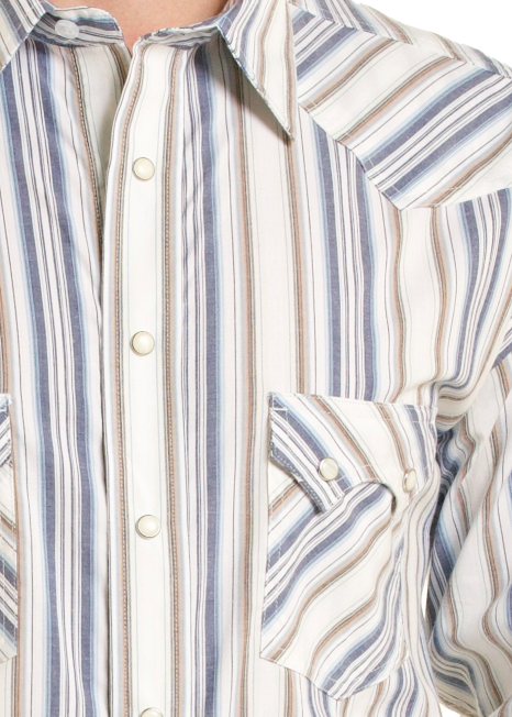 Western-style snap shirt with vertical blue, gray, and white stripes.