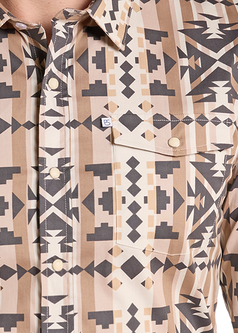 A man's beige long-sleeve western snap-down shirt with a black geometric pattern.