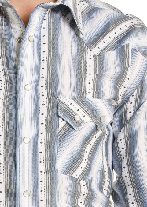 A western-style striped shirt with blue and white vertical stripes, snaps, and a pointed collar.
