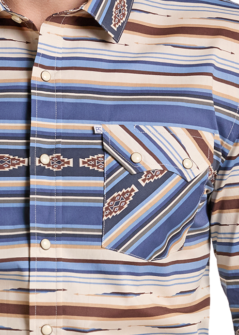 Close up of a men's shirt with blue, beige, and brown striped patterns and geometric print. 