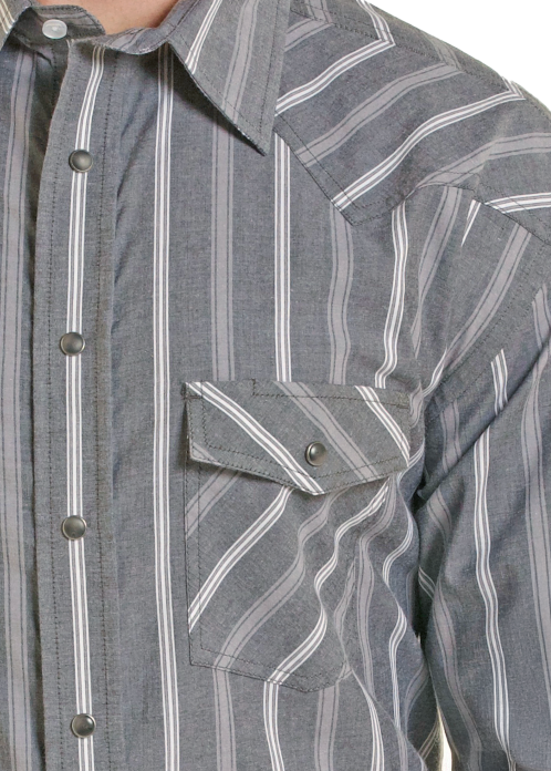 Detail of  a gray and white vertically striped western pocket snap shirt.