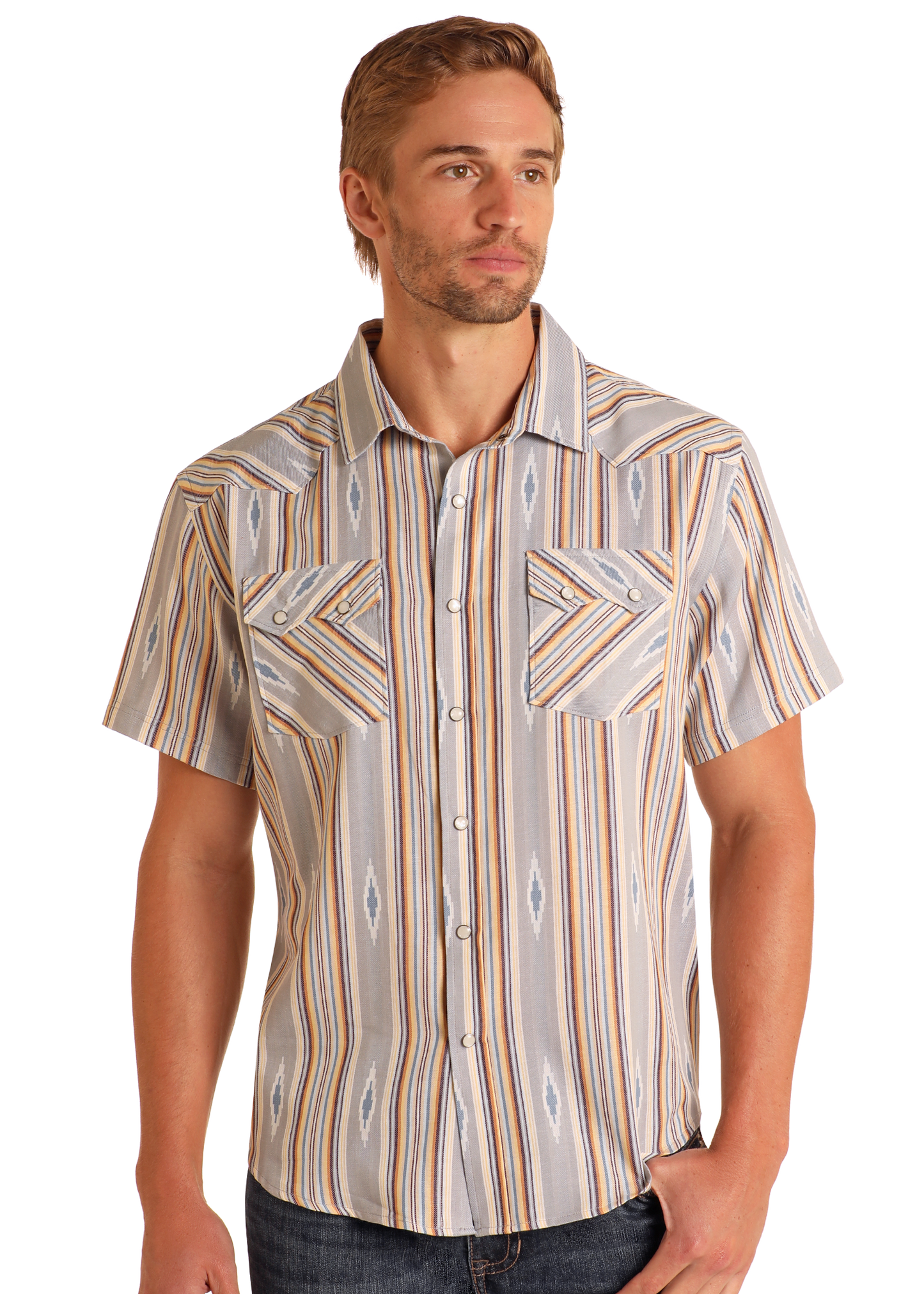 Man wearing a patterned short-sleeve shirt on a white background