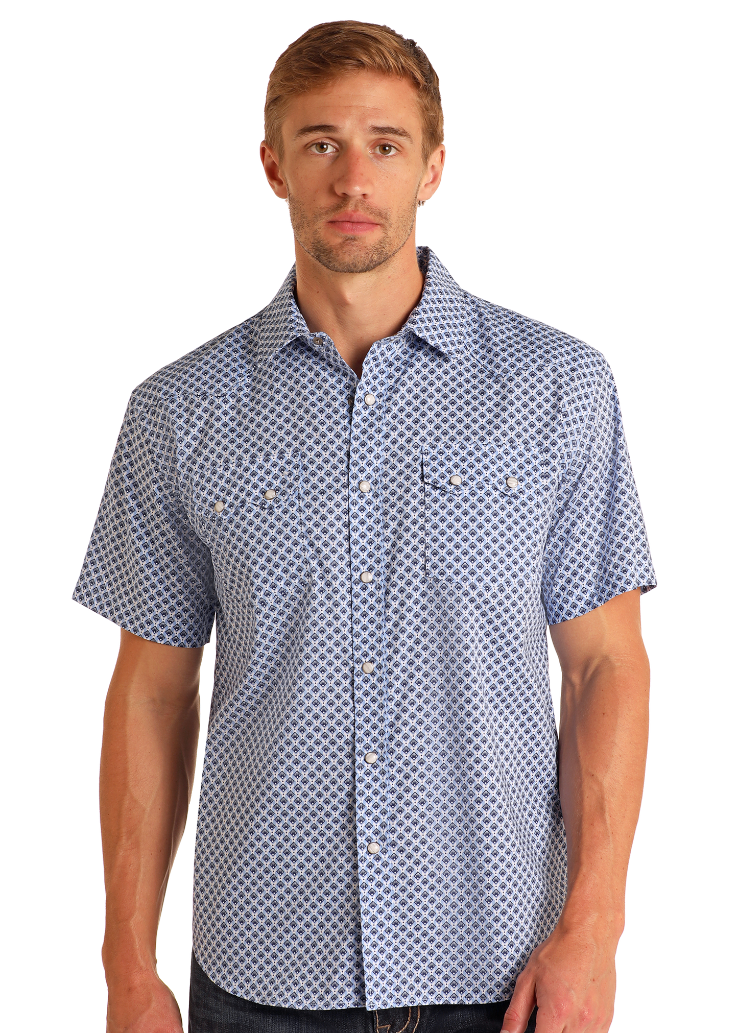 Man wearing a blue patterned short-sleeve shirt on a white background