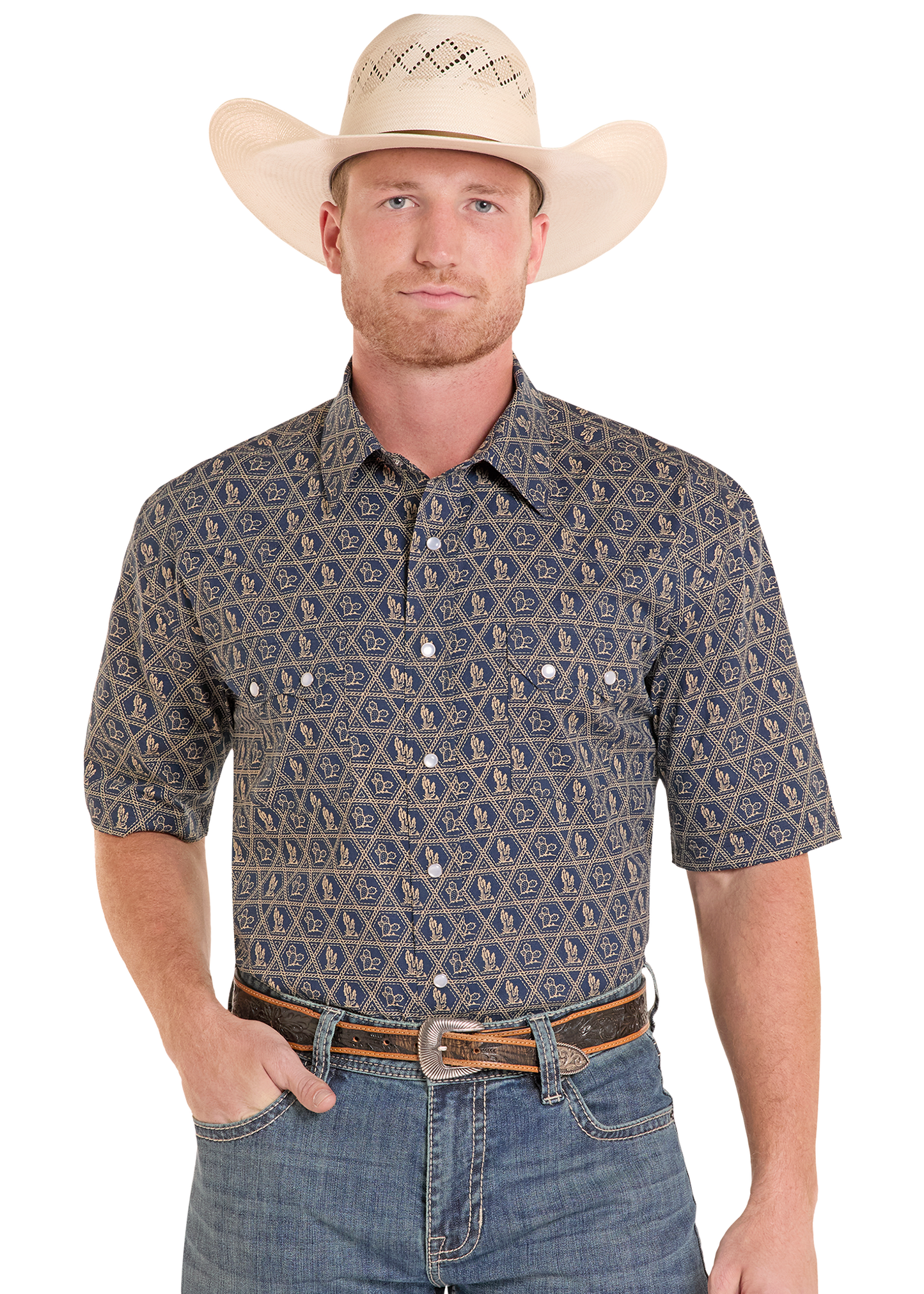 Man wearing a patterned short-sleeve shirt, cowboy hat, and jeans on a white background