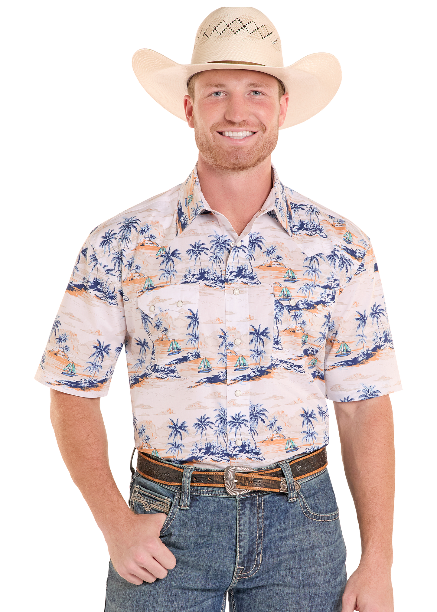 Man wearing a cowboy hat and a patterned shirt on a white background