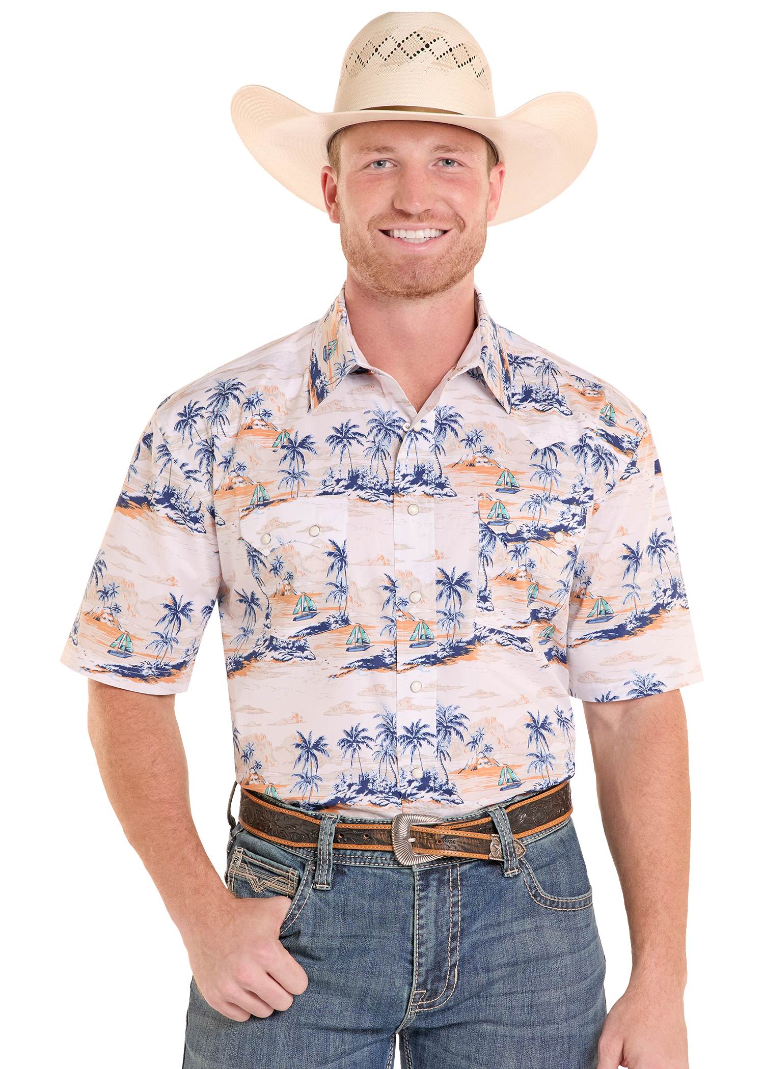 Man wearing a cowboy hat and a patterned shirt on a white background