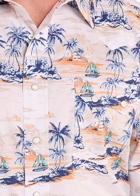 Close up detail of a tropical pearl snap shirt
