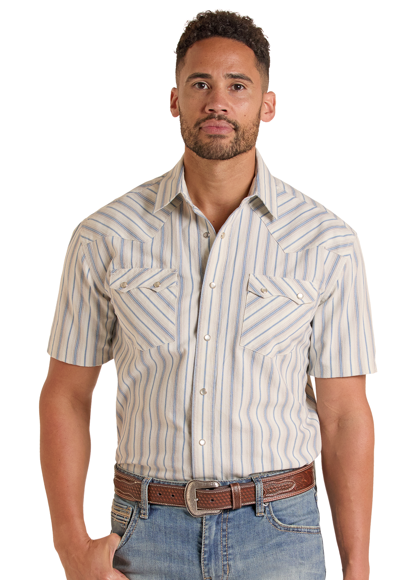 Man wearing a striped short-sleeve shirt and jeans on a white background