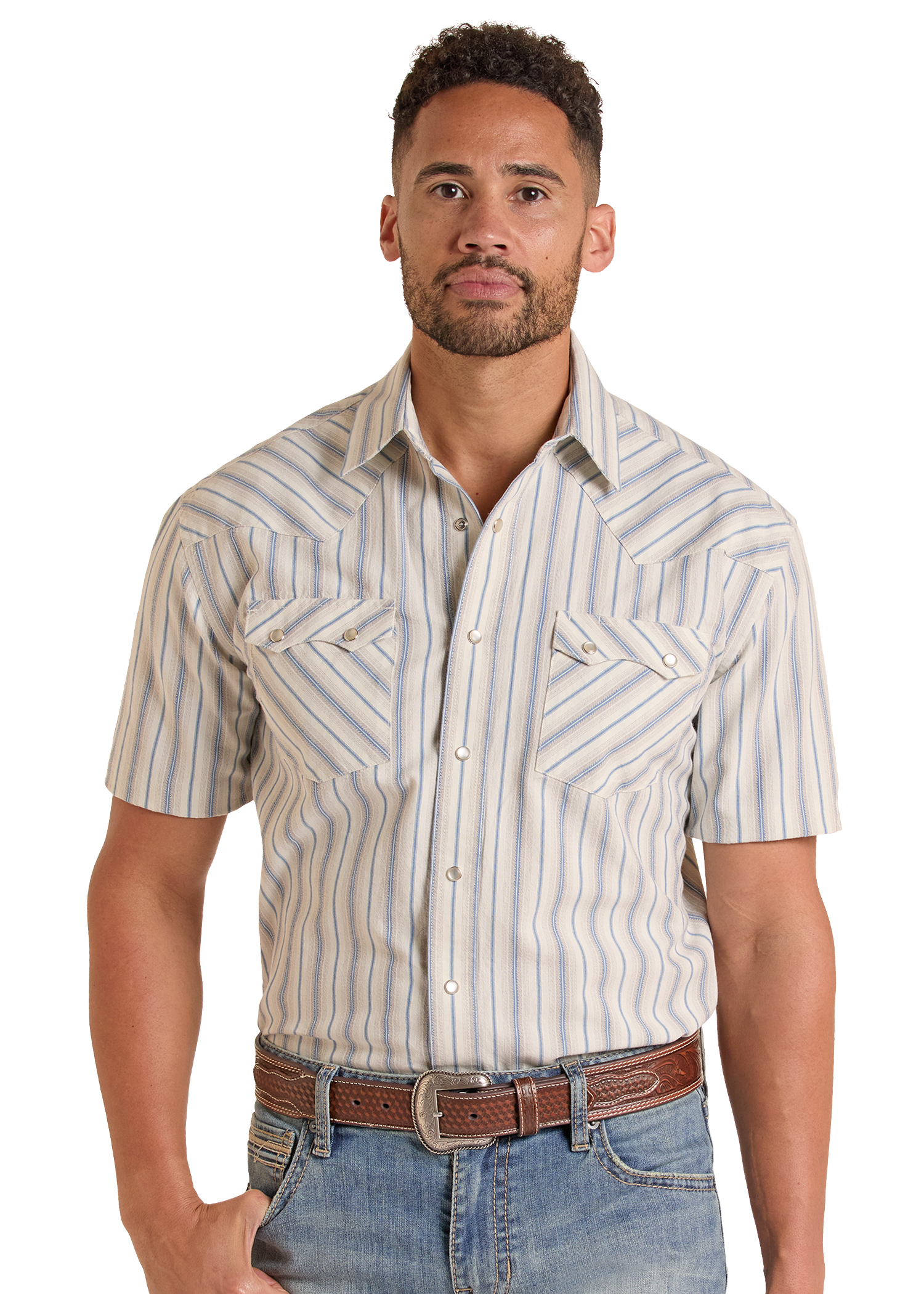 Man wearing a striped short-sleeve shirt and jeans on a white background