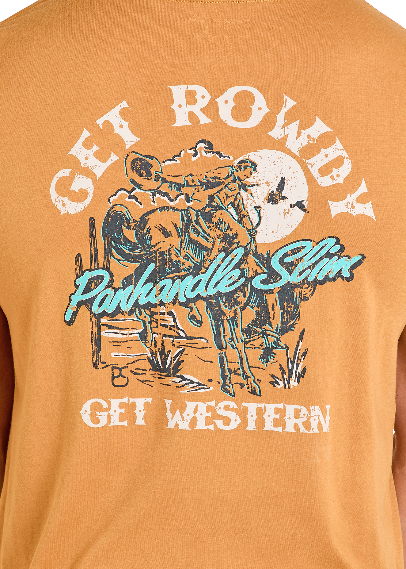 Orange t-shirt with 'Get Rowdy' and 'Pawhandle Slim' graphic design on a white background