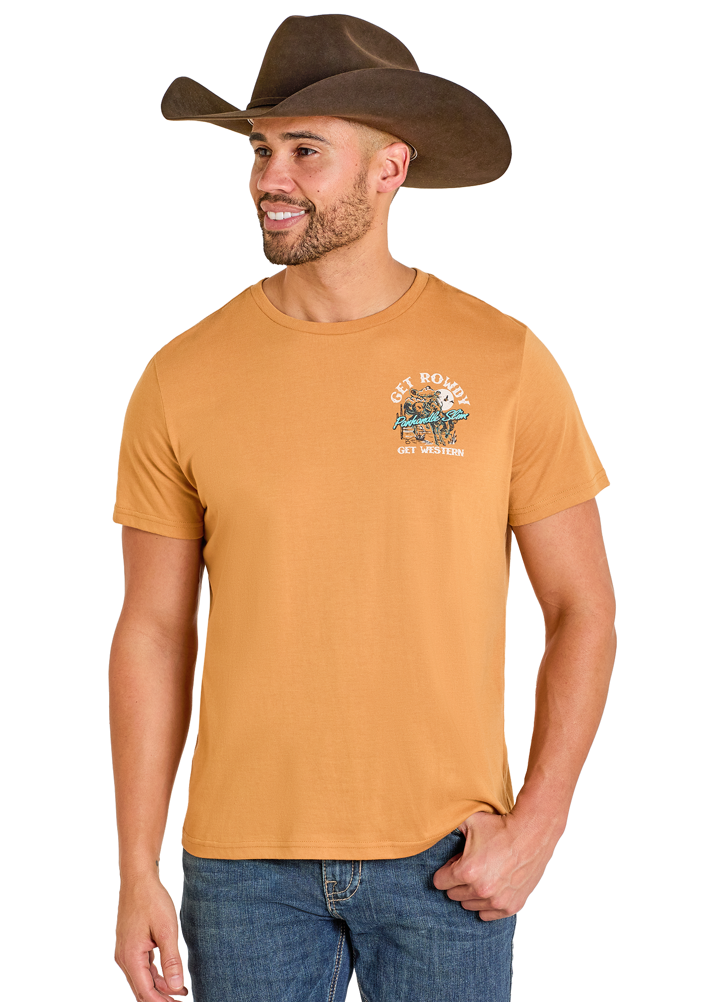 Man wearing a tan t-shirt with a graphic design, blue jeans, and a brown cowboy hat on a white background