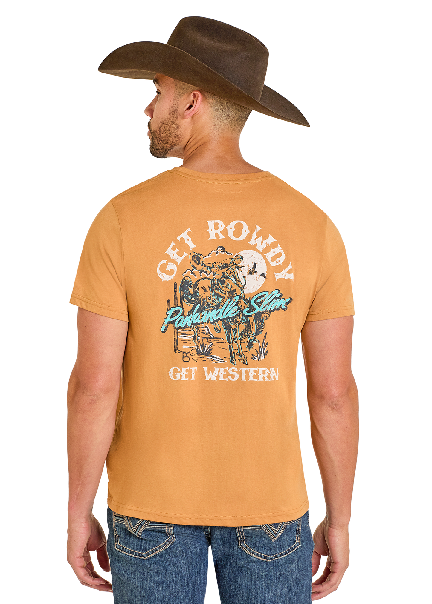 Man wearing a mustard yellow t-shirt with a graphic design and text, standing against a white background.