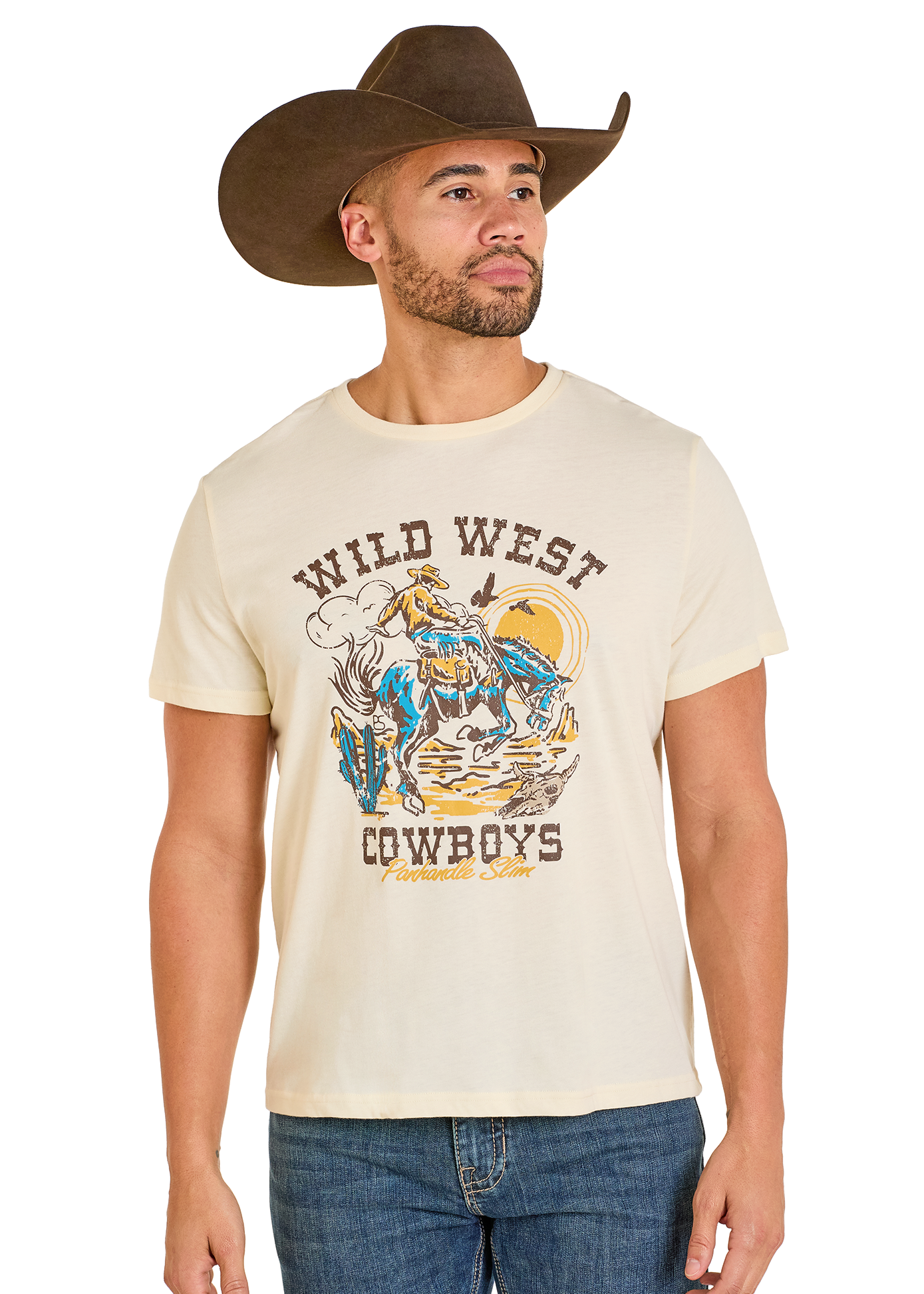Man wearing a cream t-shirt with 'Wild West Cowboys' graphic and a brown cowboy hat.