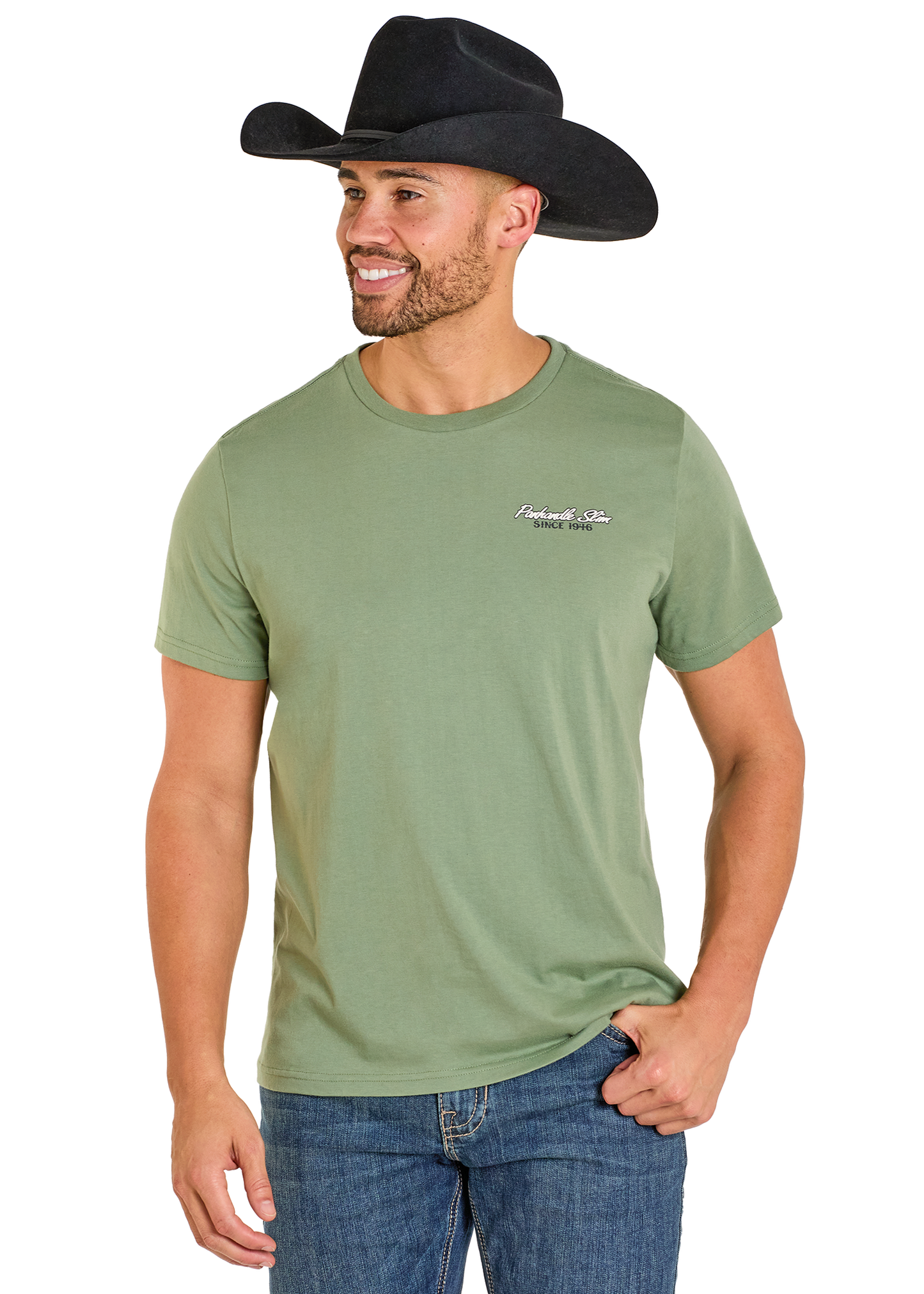 Man wearing a green t-shirt with a logo and a black cowboy hat on a white background