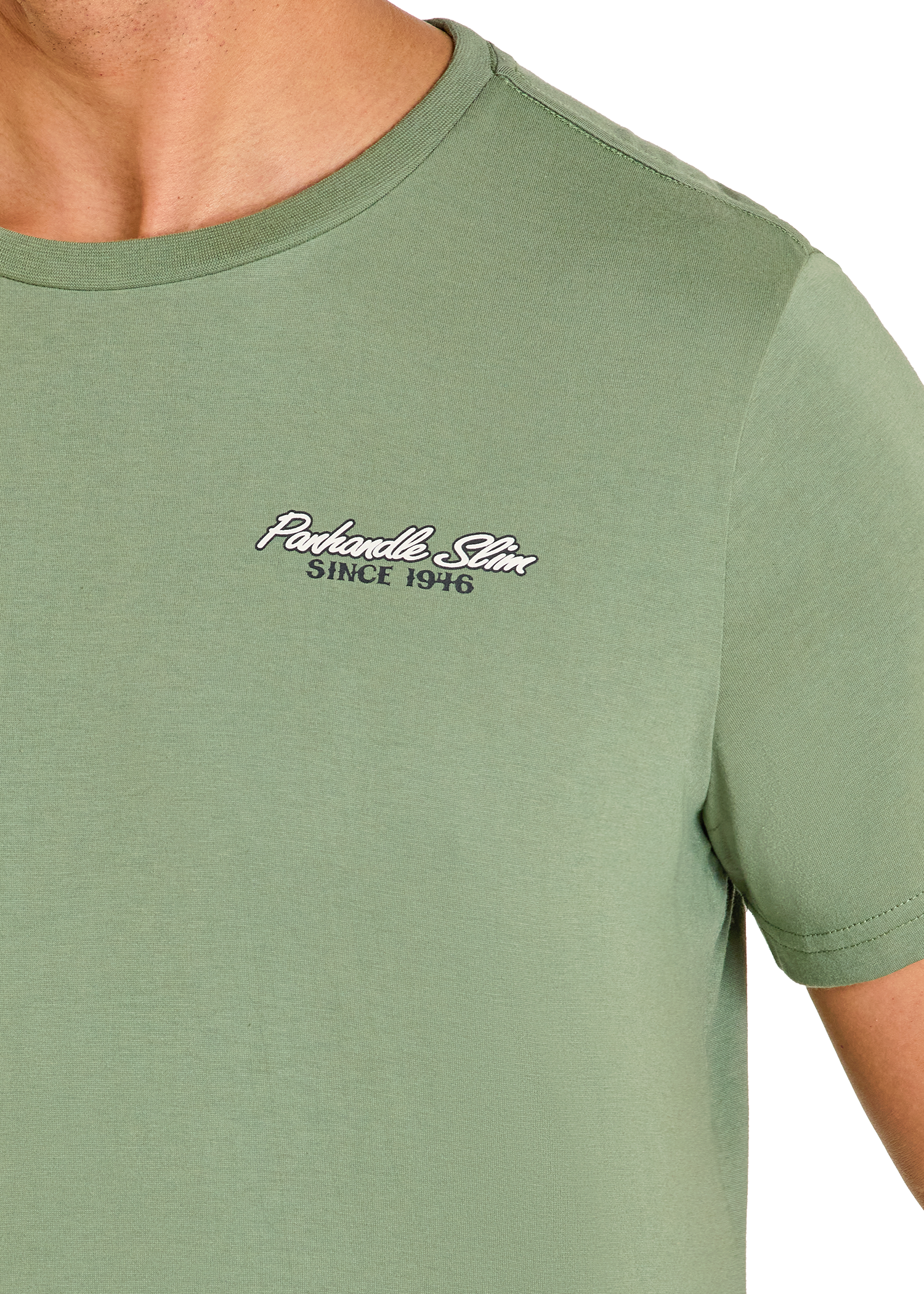 Green t-shirt with a brand logo on a white background
