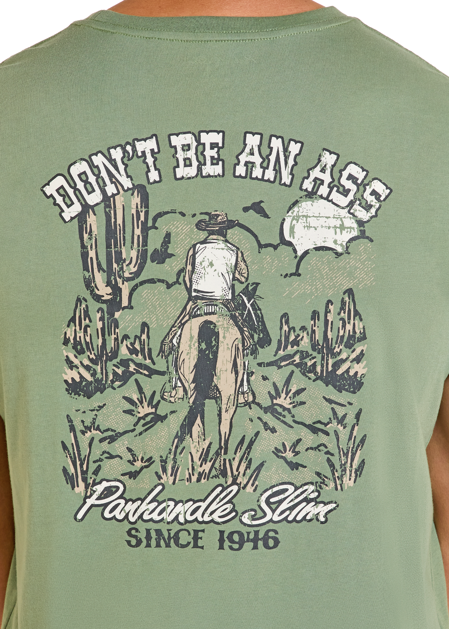 Green t-shirt with a graphic design of a cowboy and text on the back, featuring the brand 'Panhandle Slim'.