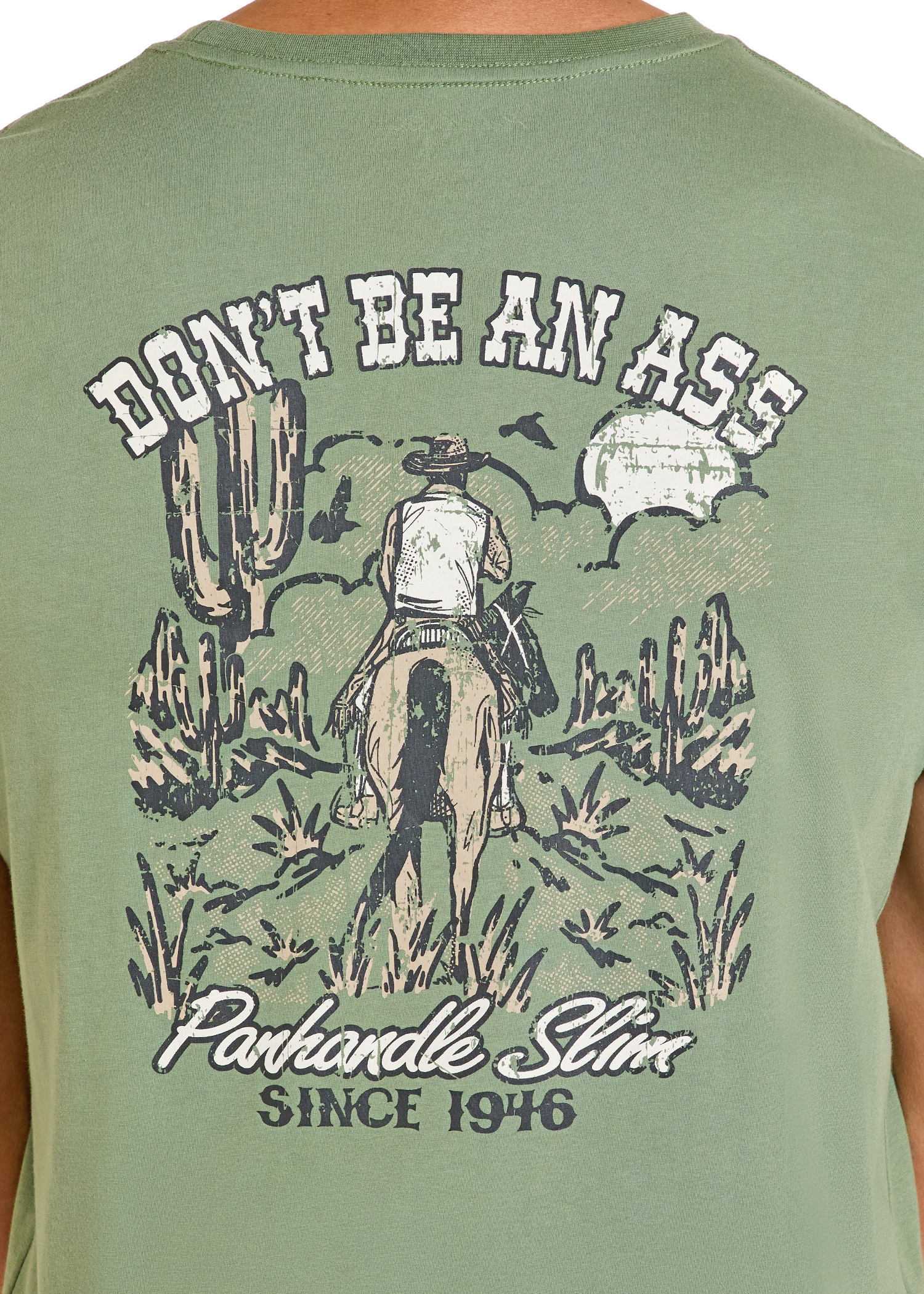 Green t-shirt with a graphic design of a cowboy and text on the back, featuring the brand 'Panhandle Slim'.