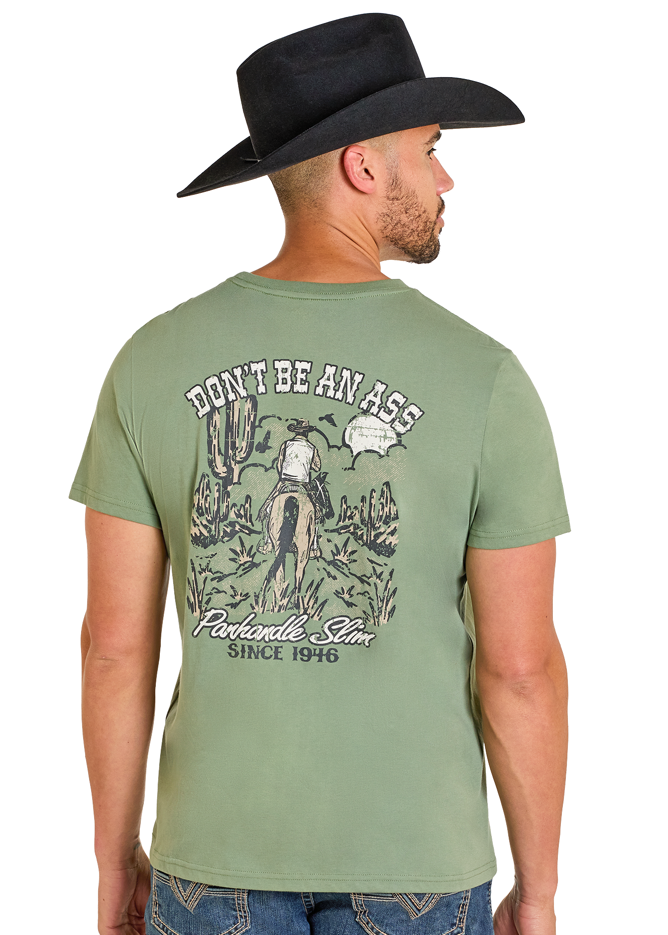 Man wearing a green t-shirt with graphic design and text, standing against a white background