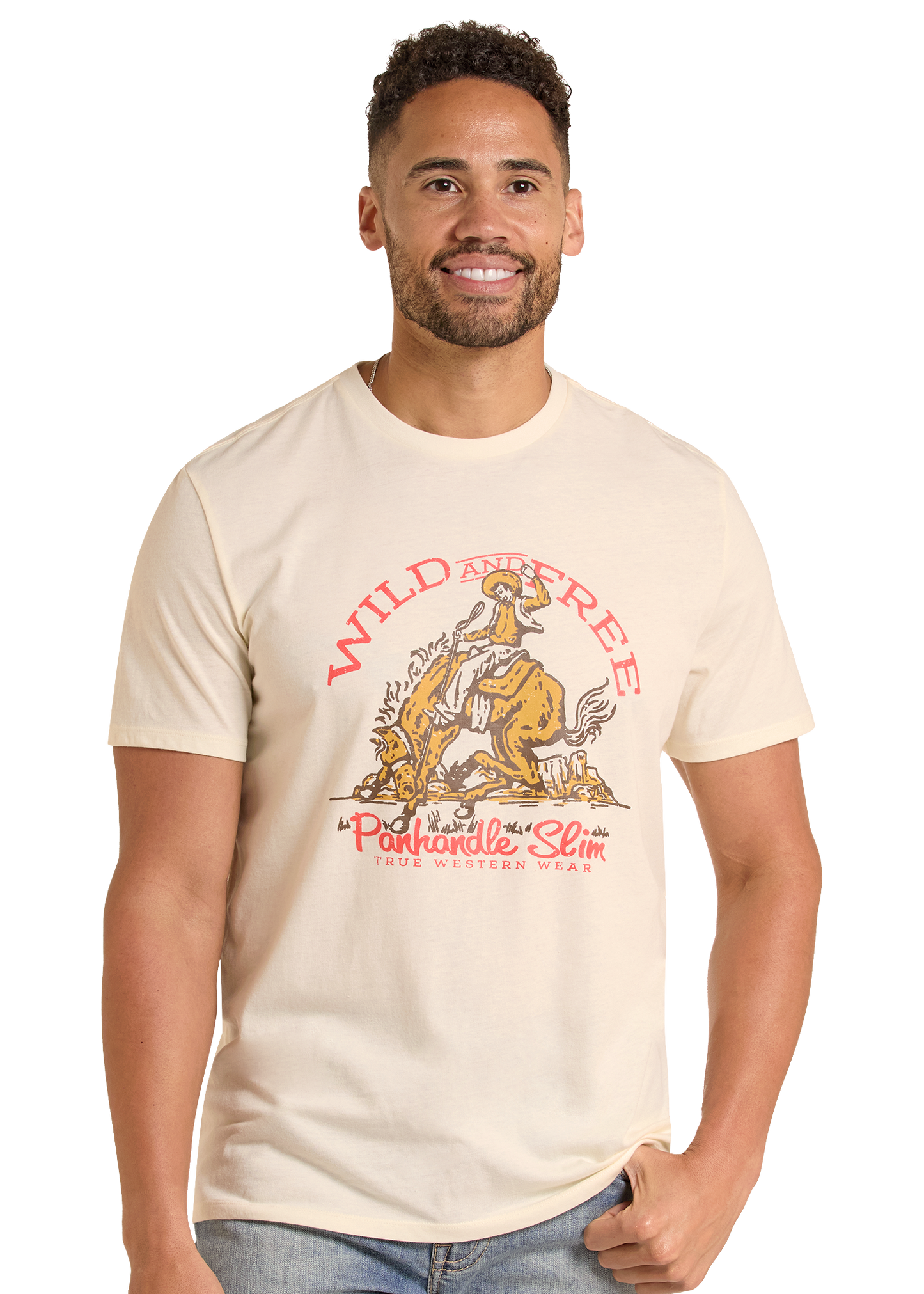 Man wearing a beige t-shirt with a graphic design and text on a white background