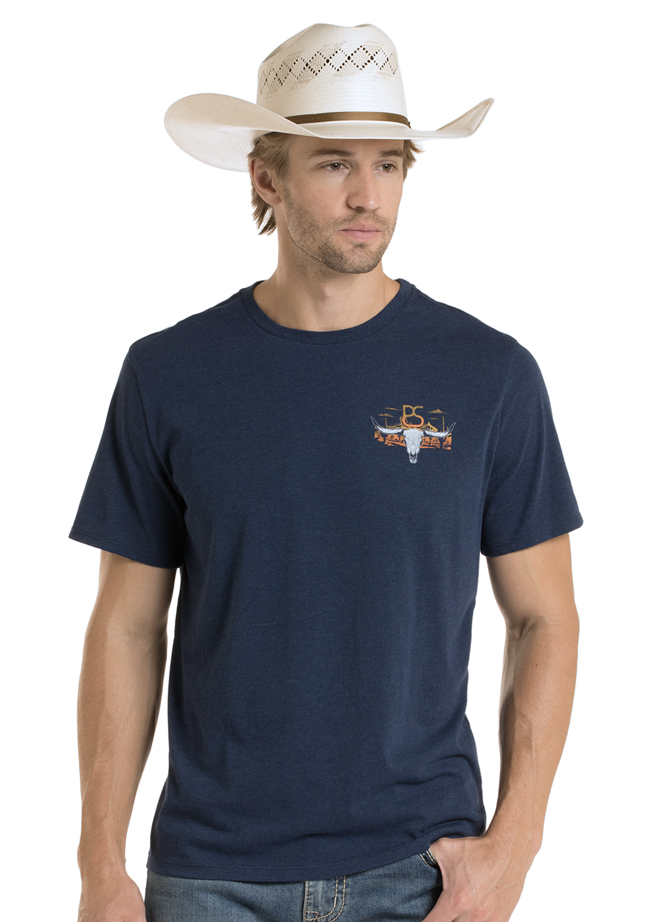 Man wearing a navy blue t-shirt with a logo and a white cowboy hat on a white background