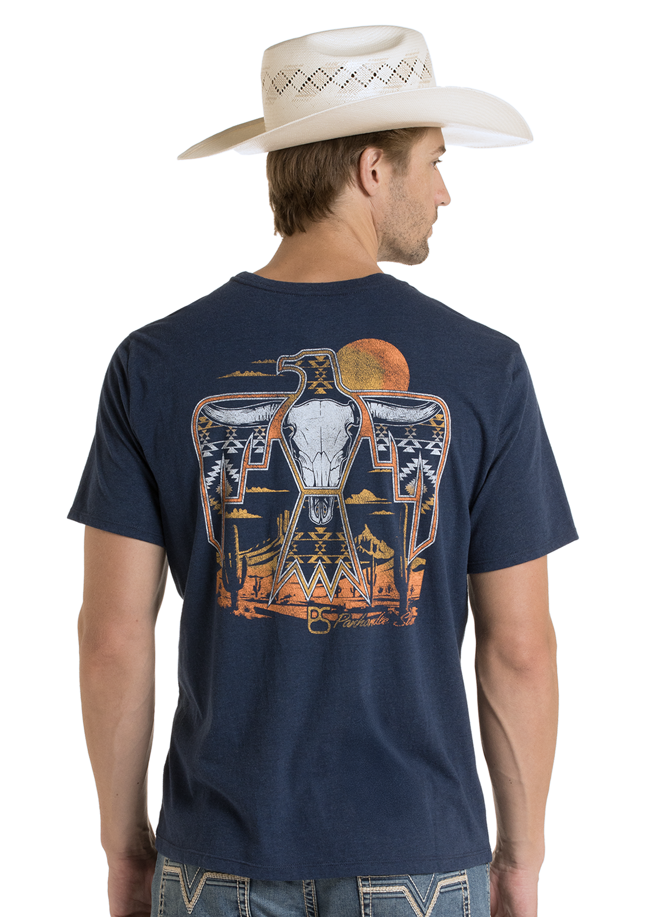 Man wearing a navy blue t-shirt with a graphic design on the back, standing against a white background.