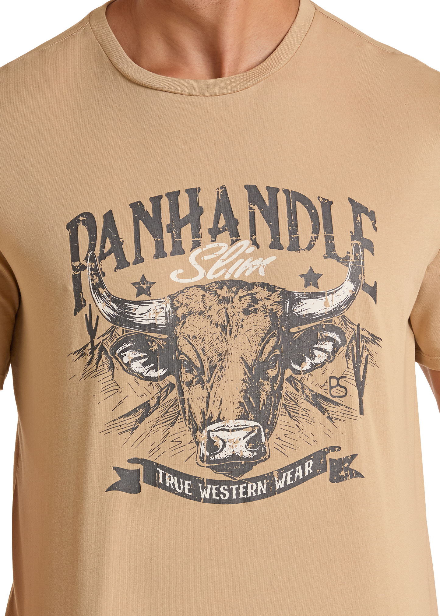 Beige t-shirt with bull graphic and 'Danhandle' branding on a white background