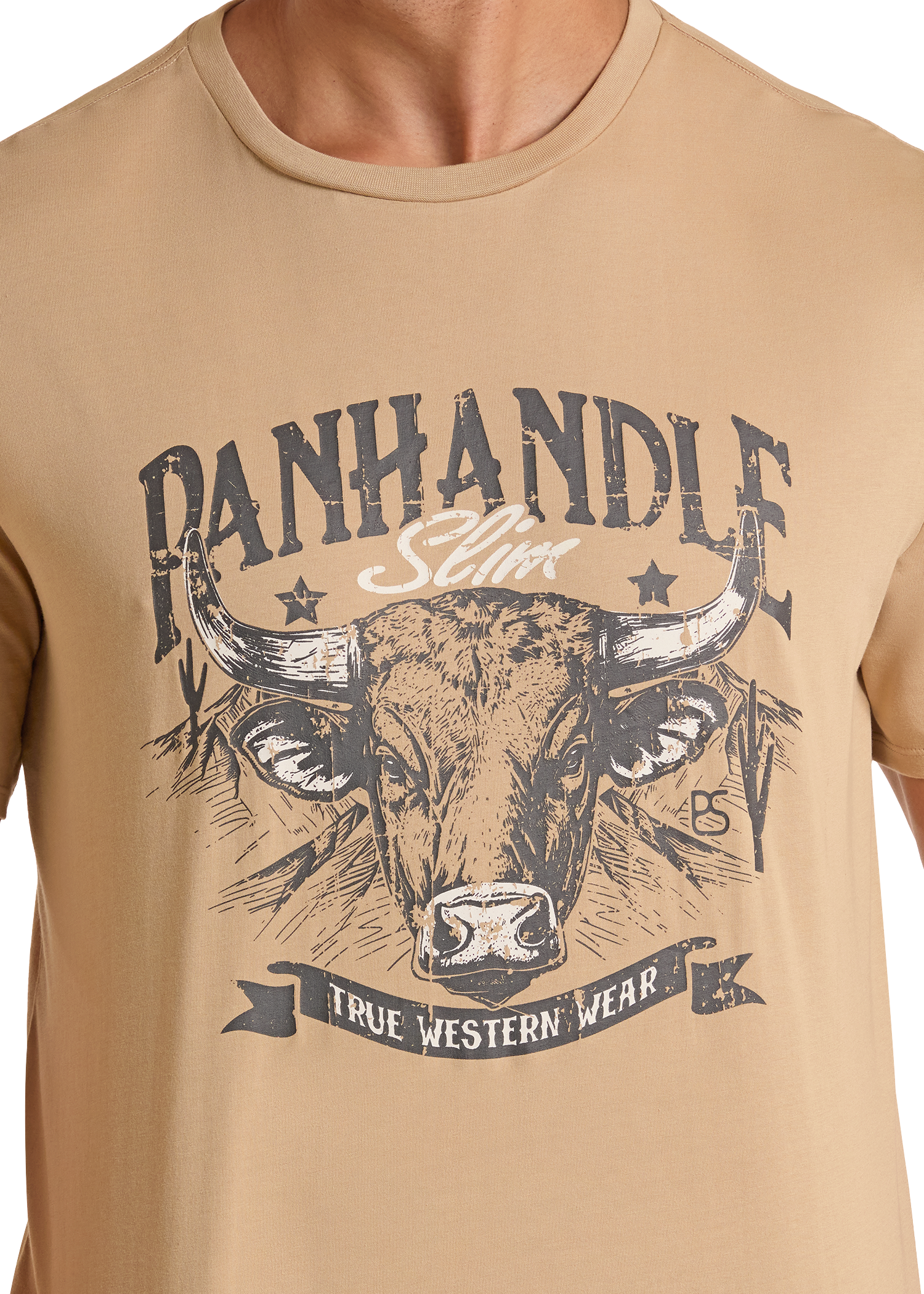 Beige t-shirt with bull graphic and 'Danhandle' branding on a white background