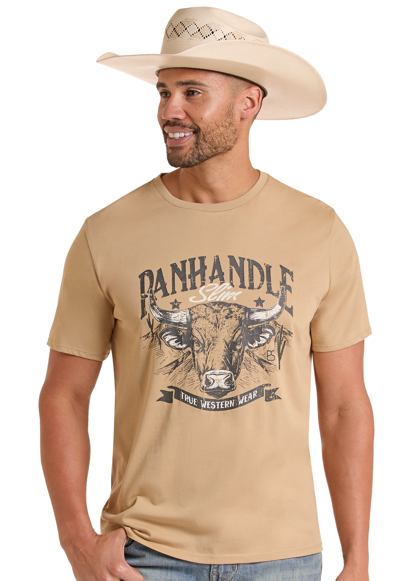 Man wearing a tan 'Panhandle' t-shirt with a graphic design on a white background