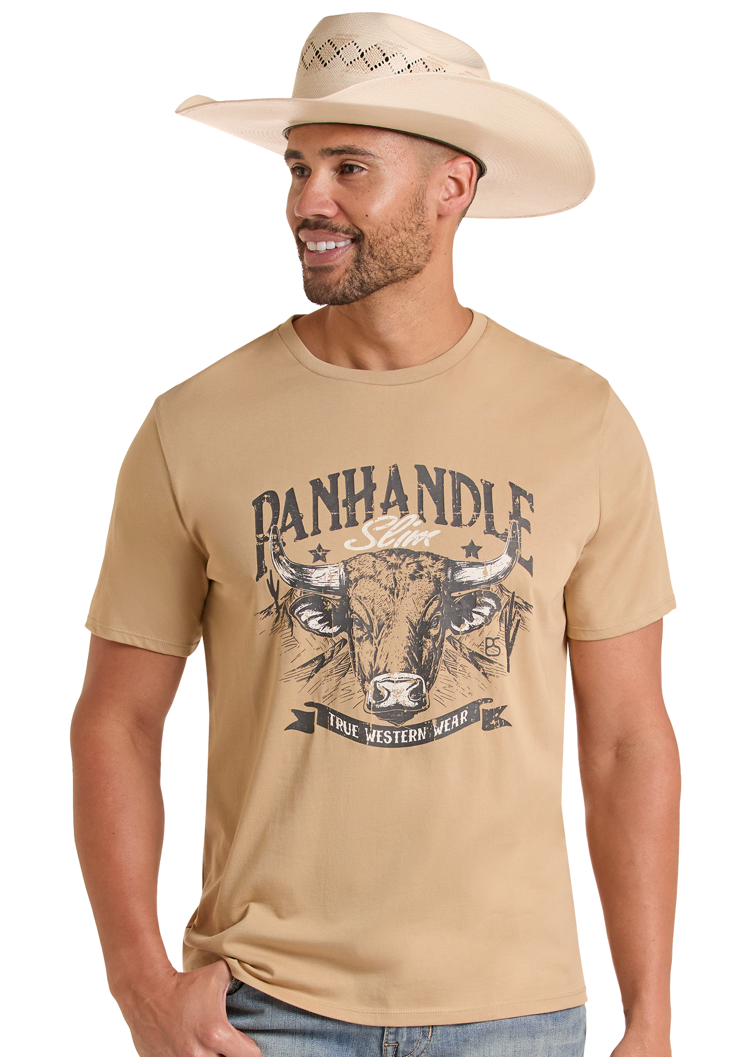 Man wearing a tan 'Panhandle' t-shirt with a graphic design on a white background