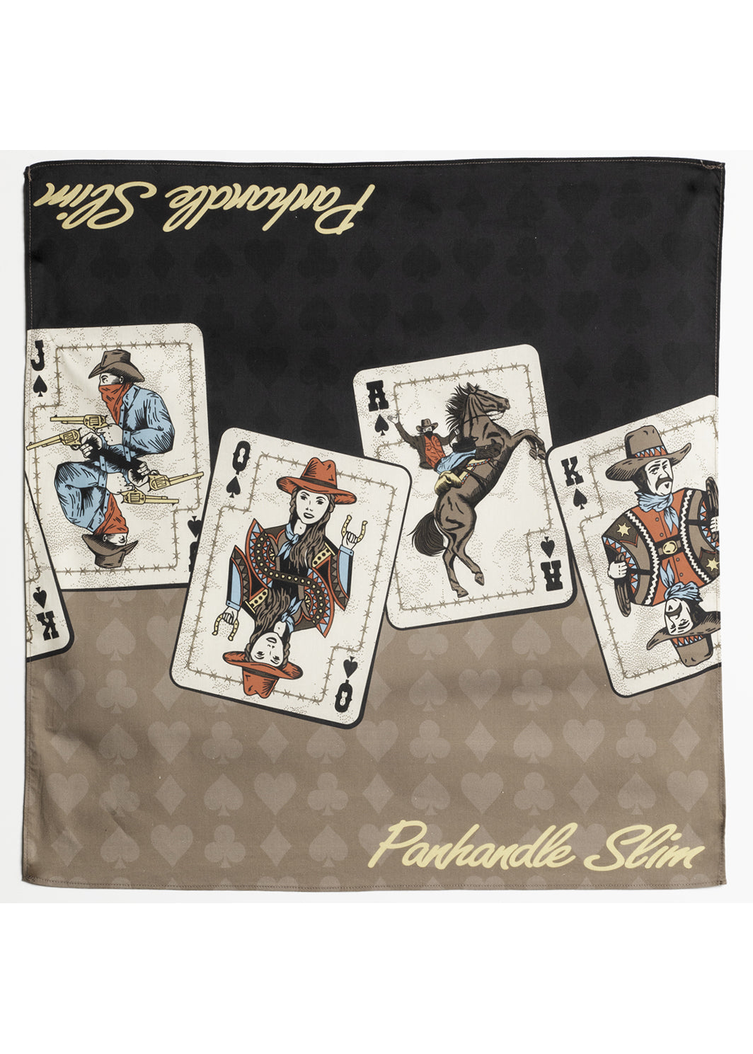 Bandana with playing card designs and 'Panhandle Slim' branding on a white background
