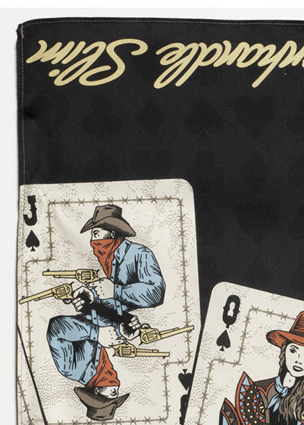 Bandana with playing card designs featuring cowboys and horses, branded 'Panhandle Slim'.