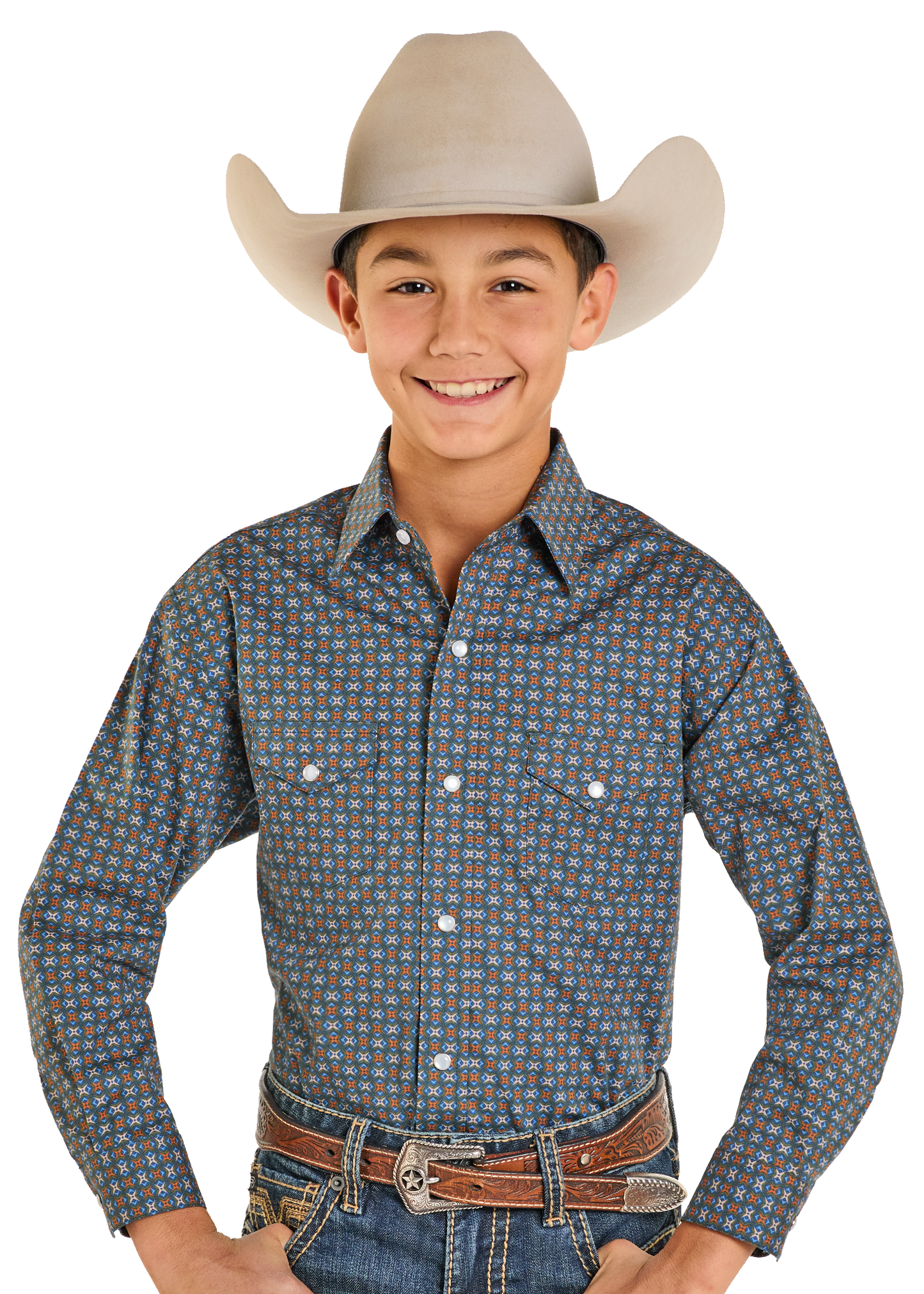 Child wearing a patterned shirt, jeans, and a cowboy hat on a white background