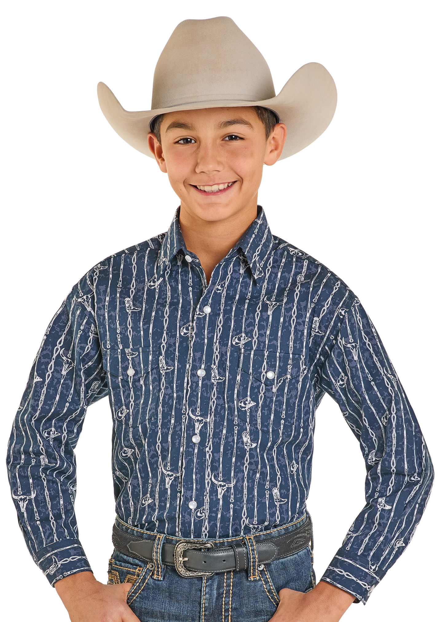 Child wearing a blue patterned shirt and beige cowboy hat on a white background