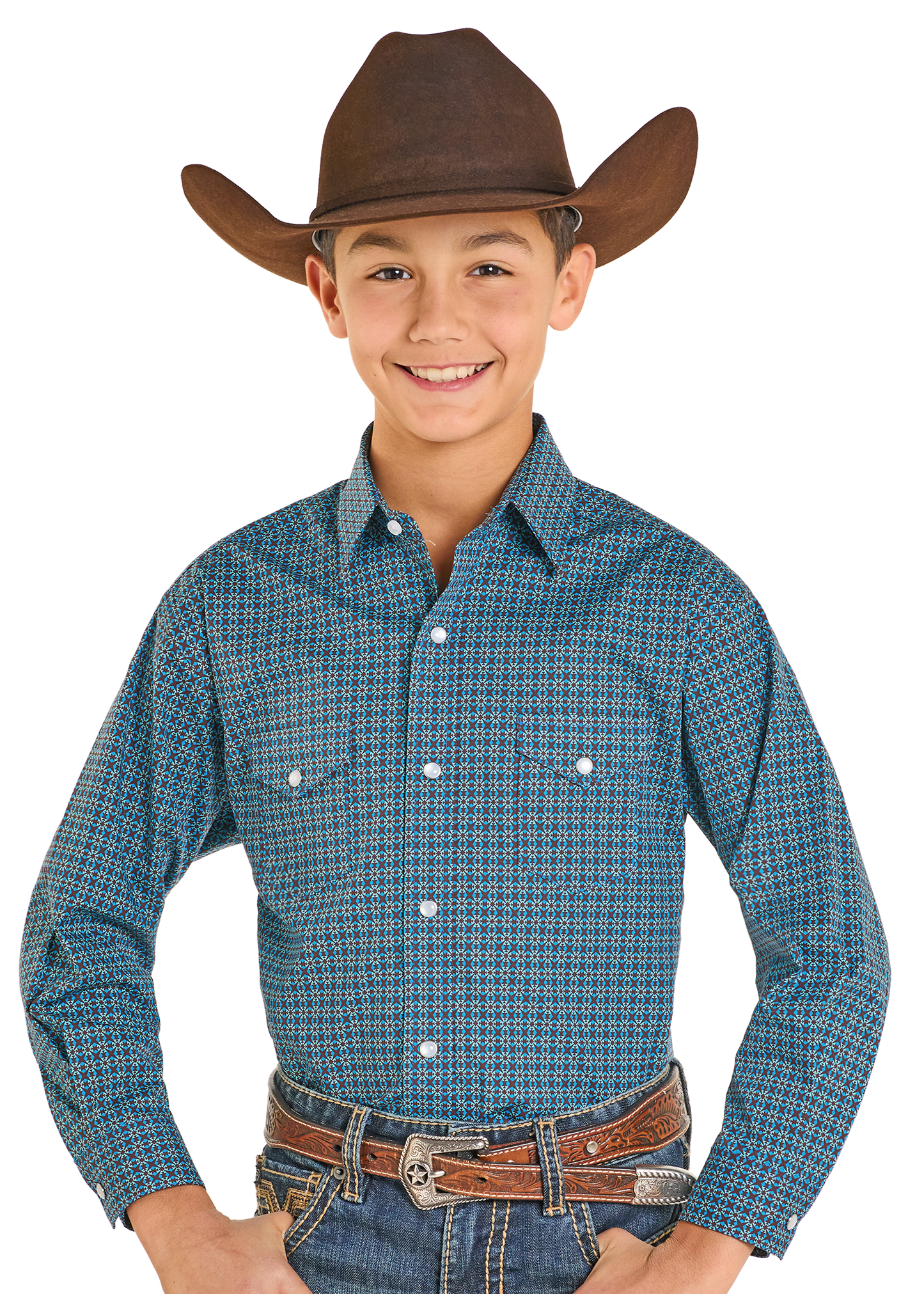 Child wearing a blue plaid shirt, brown cowboy hat, and jeans on a white background