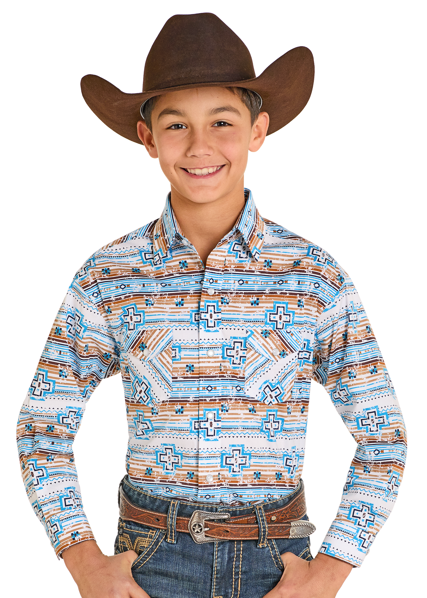 Child wearing a patterned shirt and cowboy hat on a white background